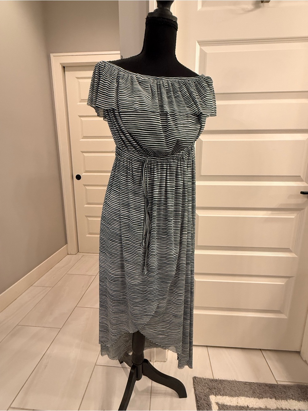 Cynthia Rowley Off The Shoulder Striped Maxi Dress in Black and White